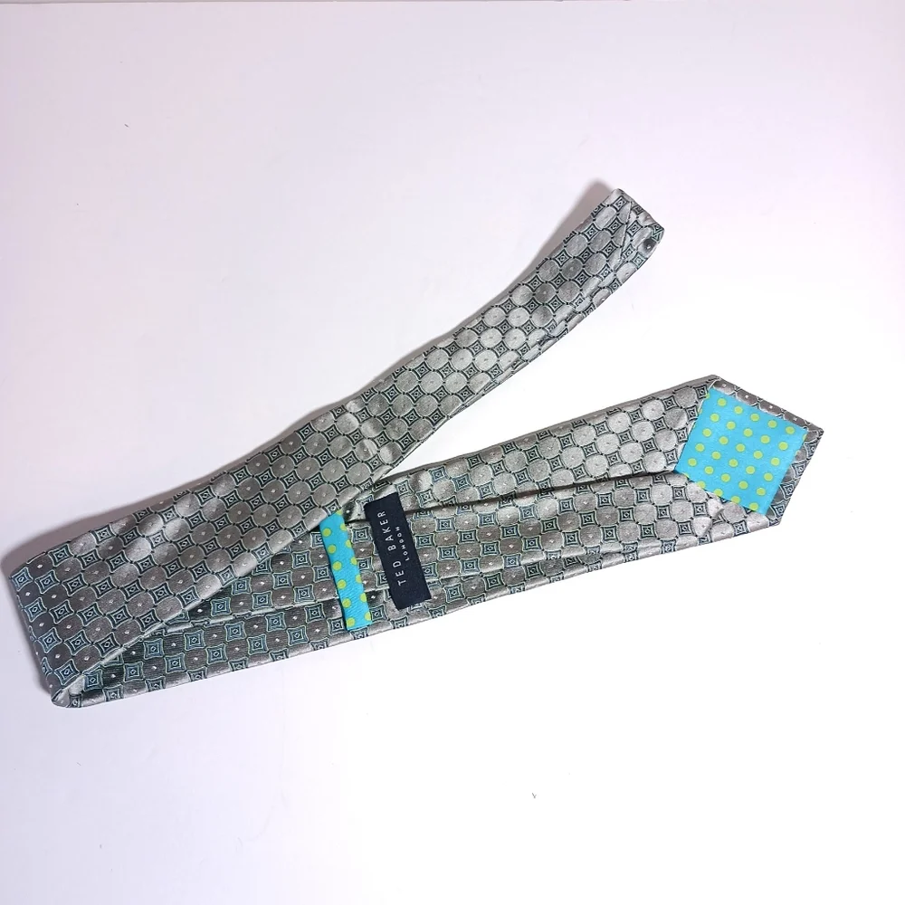 Ted Baker Tie Silk Silver Grey Green Abstract Geometric print Necktie 3